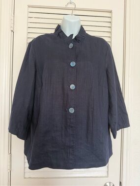 Coldwater Creek 100% Linen Navy Blue Blazer Jacket Size 16 Button Front Coastal